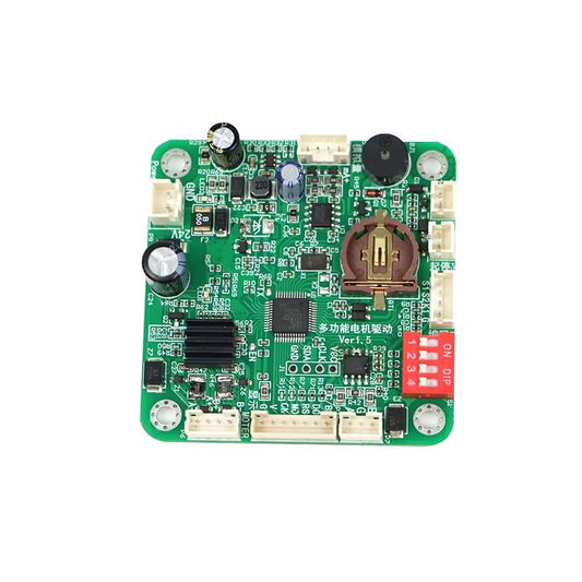 ST005 stepper motor driver controller board top view showing PCB layout with DIP switch, RS485 interface and multiple connectors
