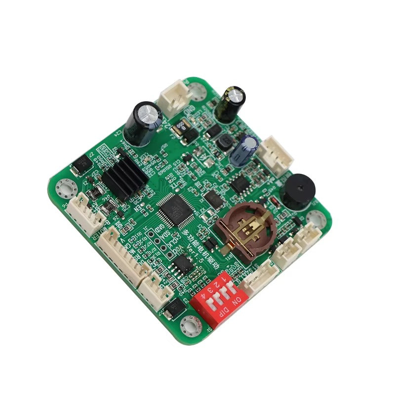 ST005 integrated stepper motor driver board angled view showing heat sink, capacitors, microstepping control chip and connector ports
