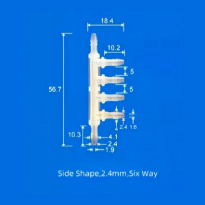 2.4mm Six-Way Plastic Barb Fitting Side View - Compact Multi-Port Tube Connector
