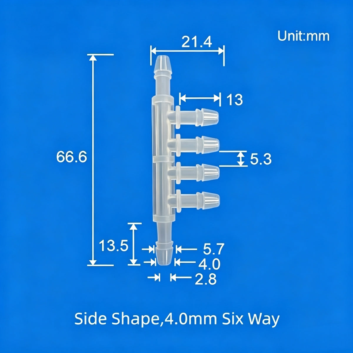 4.0mm Six-Way Plastic Barb Fitting Side View - Multi-Port Fluid Line Connector
