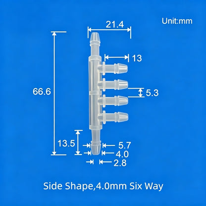 4.0mm Six-Way Plastic Barb Fitting Side View - Multi-Port Fluid Line Connector
