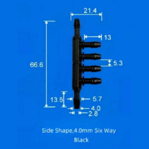 4.0mm Six-Way Plastic Barb Fitting Side Profile - Multi-Port Hose Connector Dimensions
