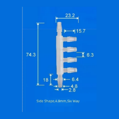 4.8mm Six-Way Plastic Barb Fitting Side View - Multi-Port Fluid Line Connector
