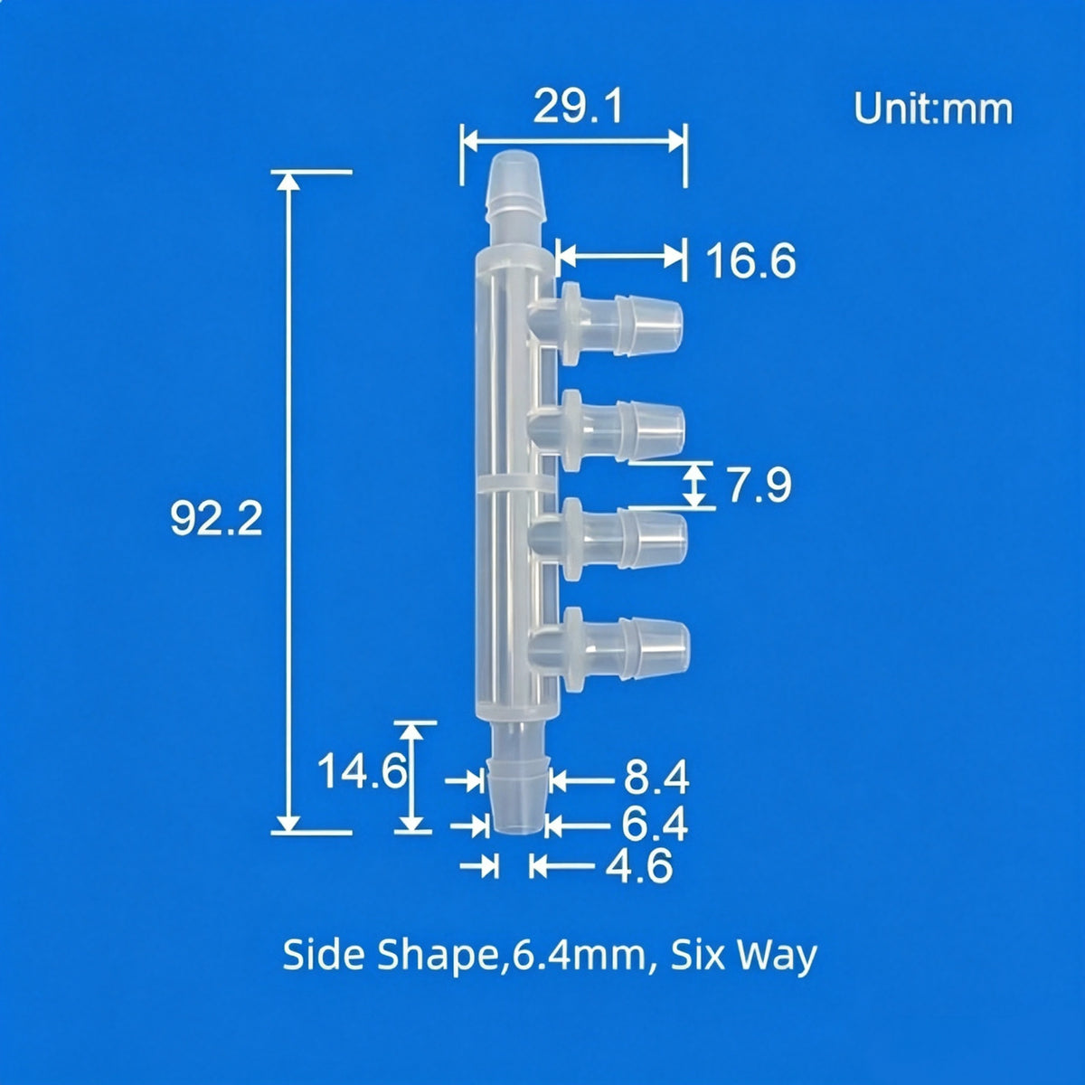 6.4mm Six-Way Plastic Barb Fitting Side View - Large Bore Multi-Port Connector
