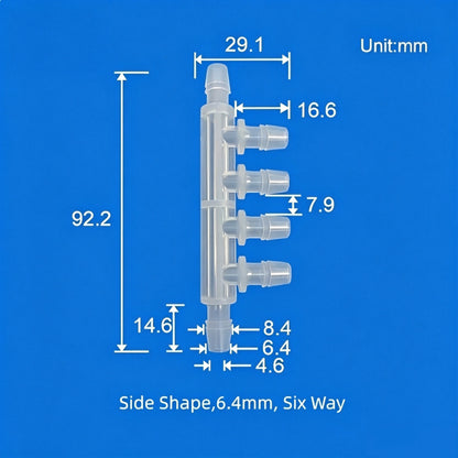 6.4mm Six-Way Plastic Barb Fitting Side View - Large Bore Multi-Port Connector
