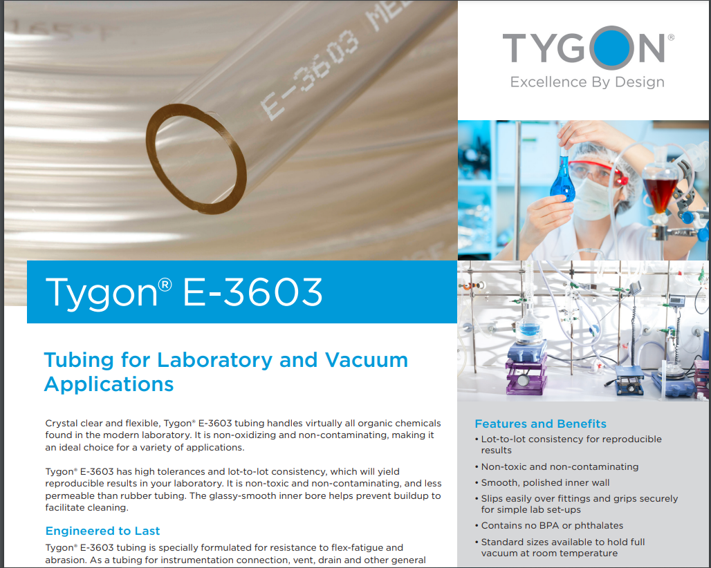 Tygon E-3603 transparent laboratory tubing with smooth inner bore for peristaltic pump, vacuum and chemical transfer - Saint-Gobain food grade flexible hose
