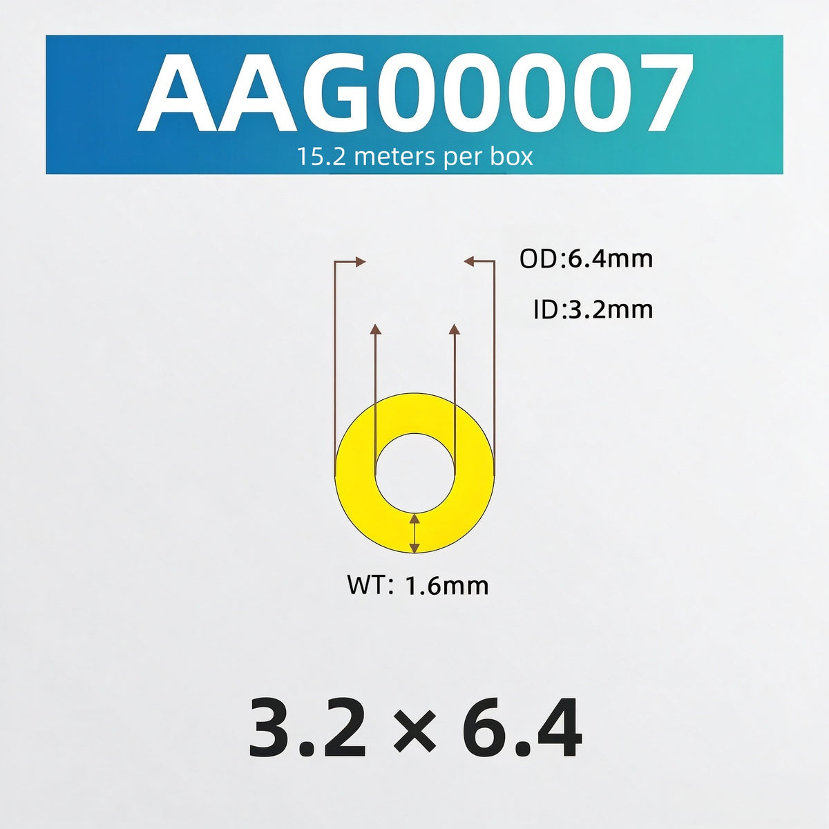 Tygon F-4040-A tubing cross-section diagram for part number AAG00007 with 3.2 mm ID and 6.4 mm OD
