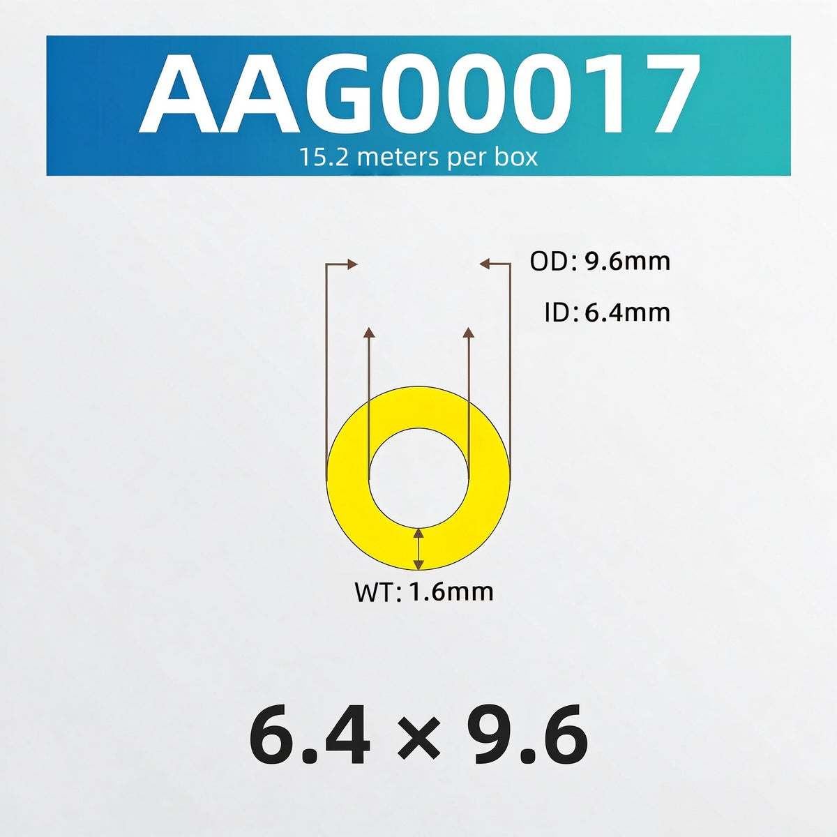 Tygon F-4040-A tubing cross-section diagram for part number AAG00017 with 6.4 mm ID and 9.6 mm OD
