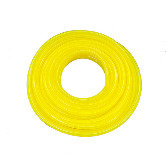 Coil of translucent yellow Tygon F-4040-A fuel and lubricant tubing in 15.2 meter box
