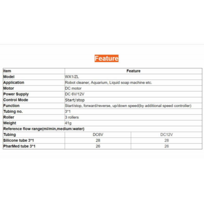 WX1 6V Micro Peristaltic Pump 26ml/min - Robot Cleaner Aquarium