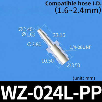 100 pk Thead Barb Adatper with Male Thread UNF 1/4-28 OR M8 M10 Options, Plastic PP