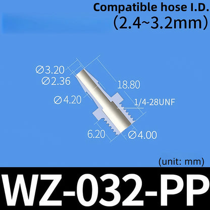 100 pk Thead Barb Adatper with Male Thread UNF 1/4-28 OR M8 M10 Options, Plastic PP