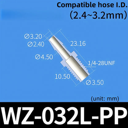 100 pk Thead Barb Adatper with Male Thread UNF 1/4-28 OR M8 M10 Options, Plastic PP