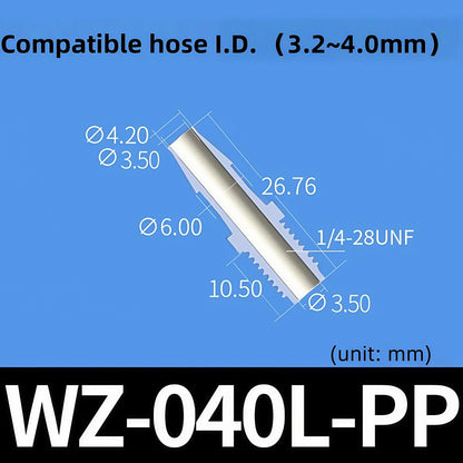 100 pk Thead Barb Adatper with Male Thread UNF 1/4-28 OR M8 M10 Options, Plastic PP
