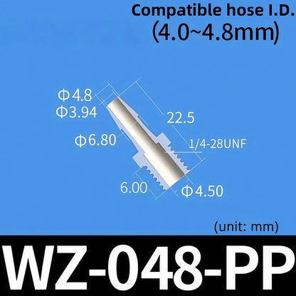 100 pk Thead Barb Adatper with Male Thread UNF 1/4-28 OR M8 M10 Options, Plastic PP