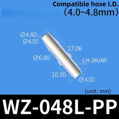 100 pk Thead Barb Adatper with Male Thread UNF 1/4-28 OR M8 M10 Options, Plastic PP