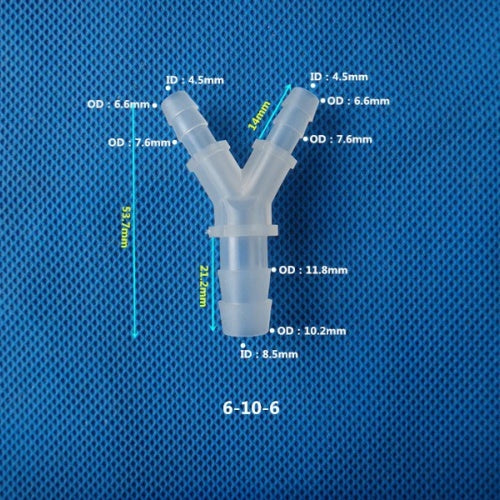 PP Y-type reducing barbed hose fitting with 6-10-6 mm connections
