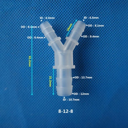 PP Y-type reducing barbed hose fitting with 8-12-8 mm connections
