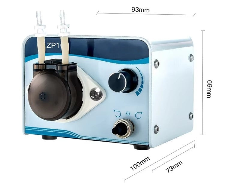 ZP100 Peristaltic Pump with Dimensions - 93mm x 100mm x 69mm Compact Size, Adjustable Flow Rate
