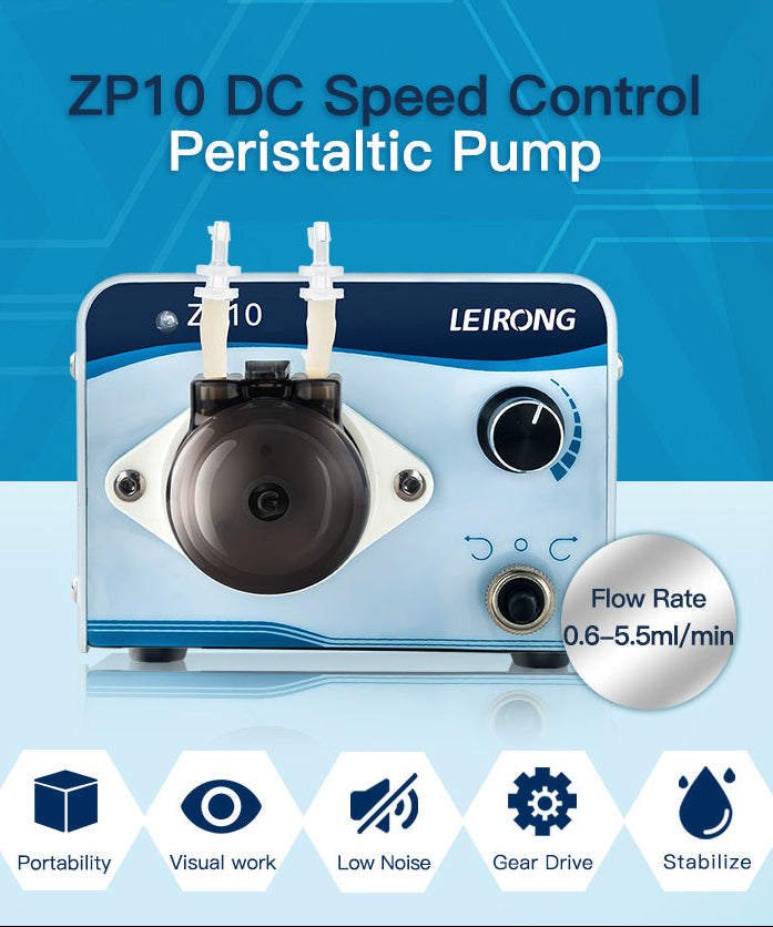 ZP10 DC peristaltic pump 24V knob-adjustable speed control - compact dosing pump side view
