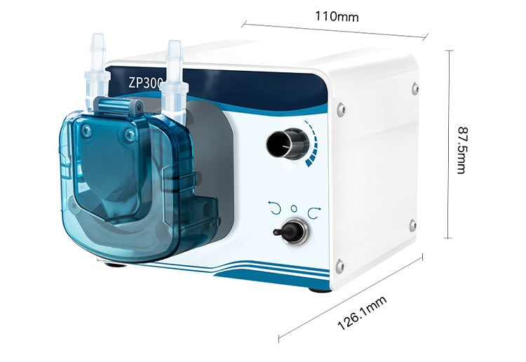 ZP300 Peristaltic Pump dimensions: 110mm x 126.1mm x 87.5mm, compact size lab dosing pump with knob speed adjustment
