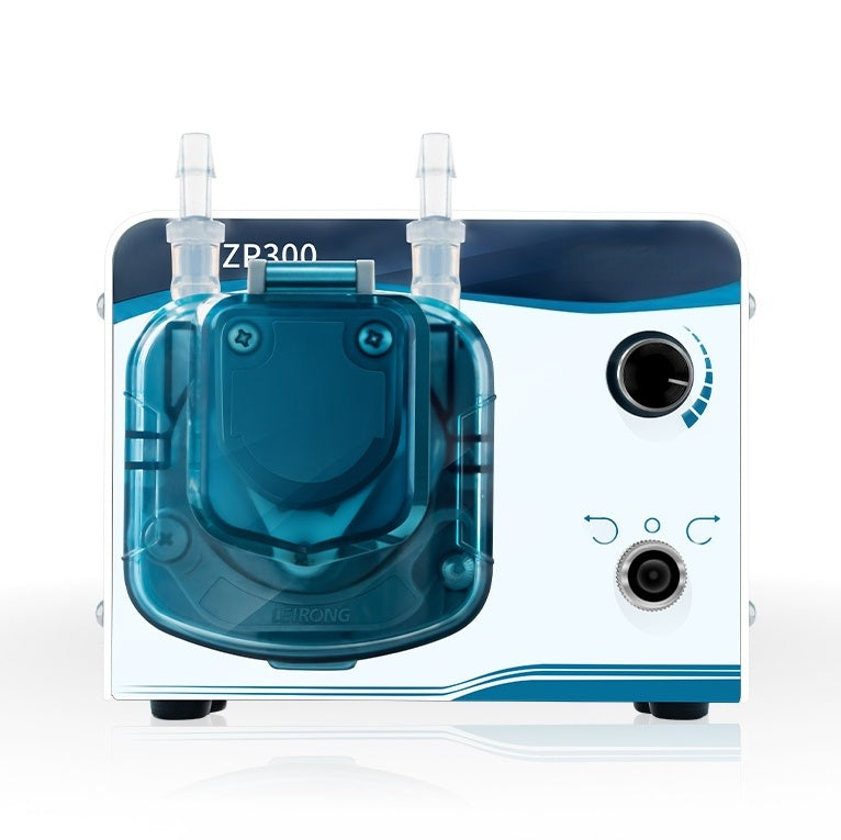 ZP300 Compact Peristaltic Pump front view with transparent pump head, knob speed control and forward/reverse switch, 24V lab dosing pump
