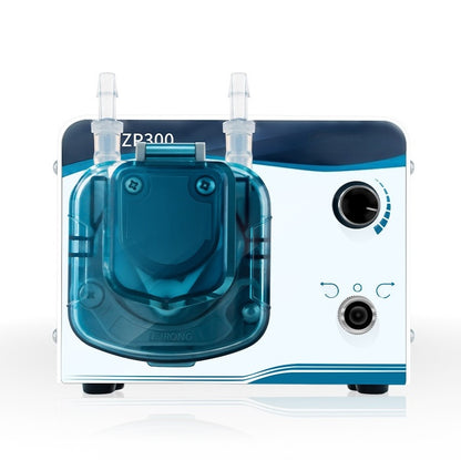 ZP300 Compact Peristaltic Pump front view with transparent pump head, knob speed control and forward/reverse switch, 24V lab dosing pump

