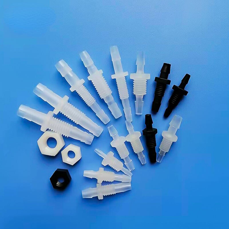 100/pk Plastic Barb to Barb Bulkhead Fittings with Threaded Ends - Ideal for Food Grade Hose Pipes - Includes 4.8-M8-4.8 Hex Nut