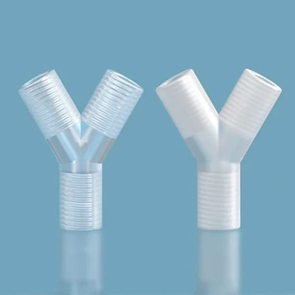 Low pressure Y three-way connector with female UNF 1/4-28 thread, PP material, shown as a pair on dark background
