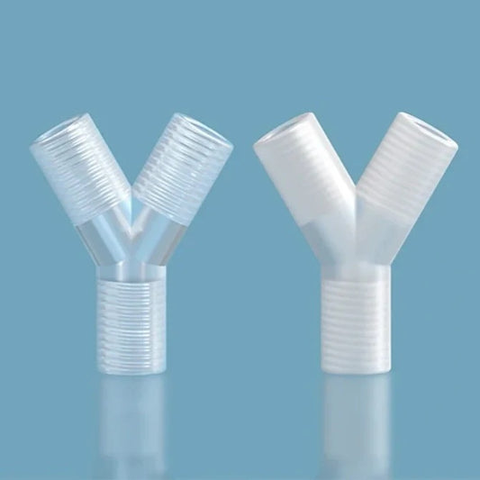 Low pressure Y three-way connector with female UNF 1/4-28 thread, PP material, shown as a pair on dark background
