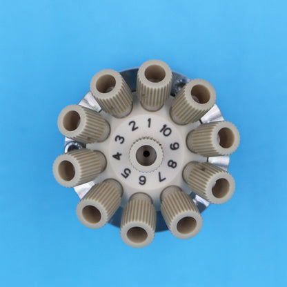 BMRV 10-port rotary valve head close-up with numbered PEEK tube fittings, precision fluid switching for chromatography applications

