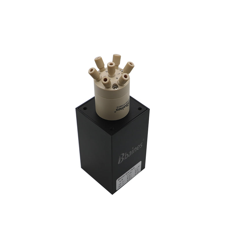 BMRV multi-port rotary valve top view with PEEK fittings, suitable for HPLC, flow injection analysis and automated fluid control
