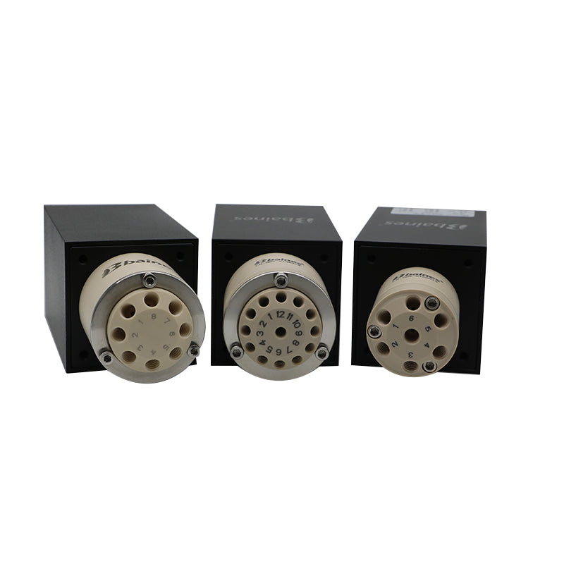 BMRV rotary multi-position valve set, 6-port, 10-port and 12-port configurations, compact black housing for laboratory fluid switching
