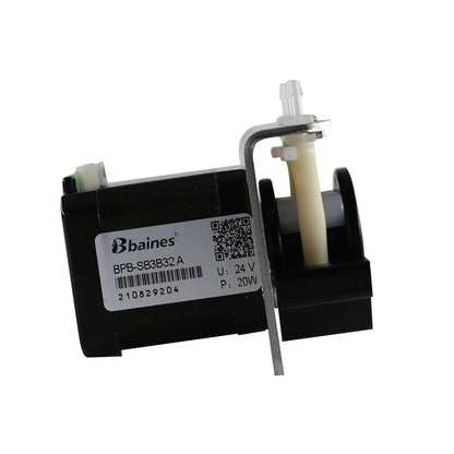 Side view of Bbaines BPB-SB3B32A peristaltic pump stepper motor 24V 20W with pump head and tube outlet
