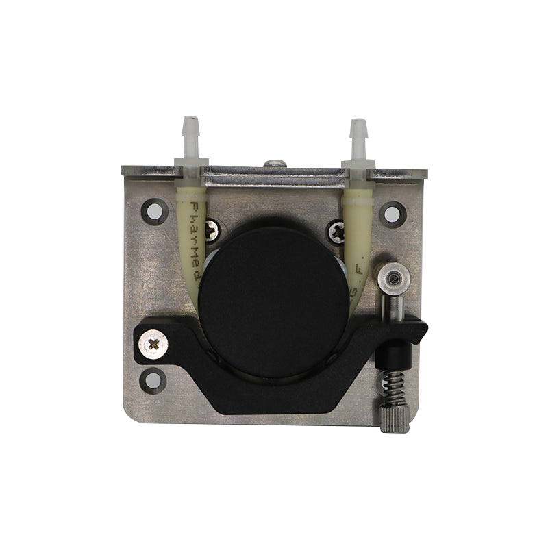 Front view of BPB peristaltic pump metal head with Pharmed tubing, spring tension adjuster and 3-roller rotor design
