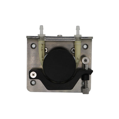 Front view of BPB peristaltic pump metal head with Pharmed tubing, spring tension adjuster and 3-roller rotor design
