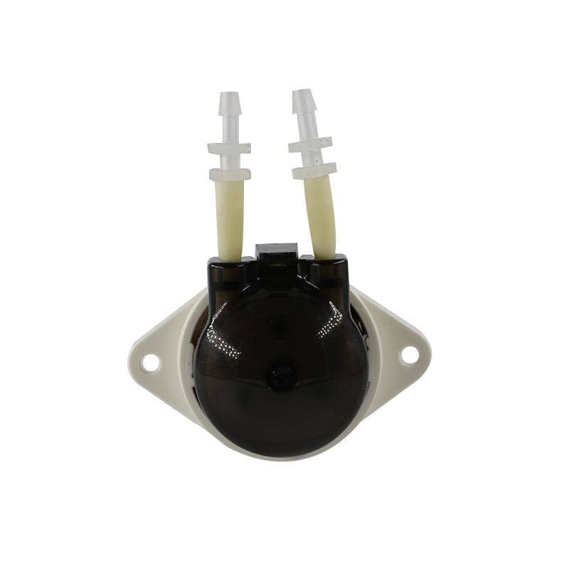 BPG Micro Peristaltic Pump head front view, black rotary pump head with dual inlet outlet tubes and mounting flange
