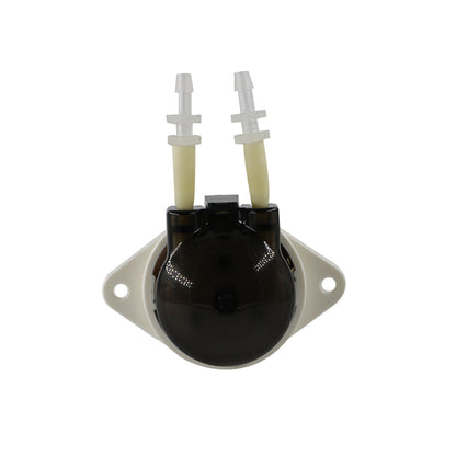 BPG Micro Peristaltic Pump head front view, black rotary pump head with dual inlet outlet tubes and mounting flange
