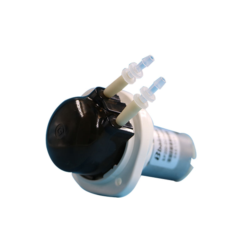 BPG Micro Peristaltic Pump with DC Brush Motor 12V 24V, self-priming OEM pump with dual tube connectors, side angle view
