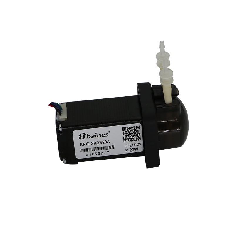 BPG-SA3B20A Peristaltic Pump front view with product label showing model number and voltage specs, 24V/12V 20W stepper motor pump
