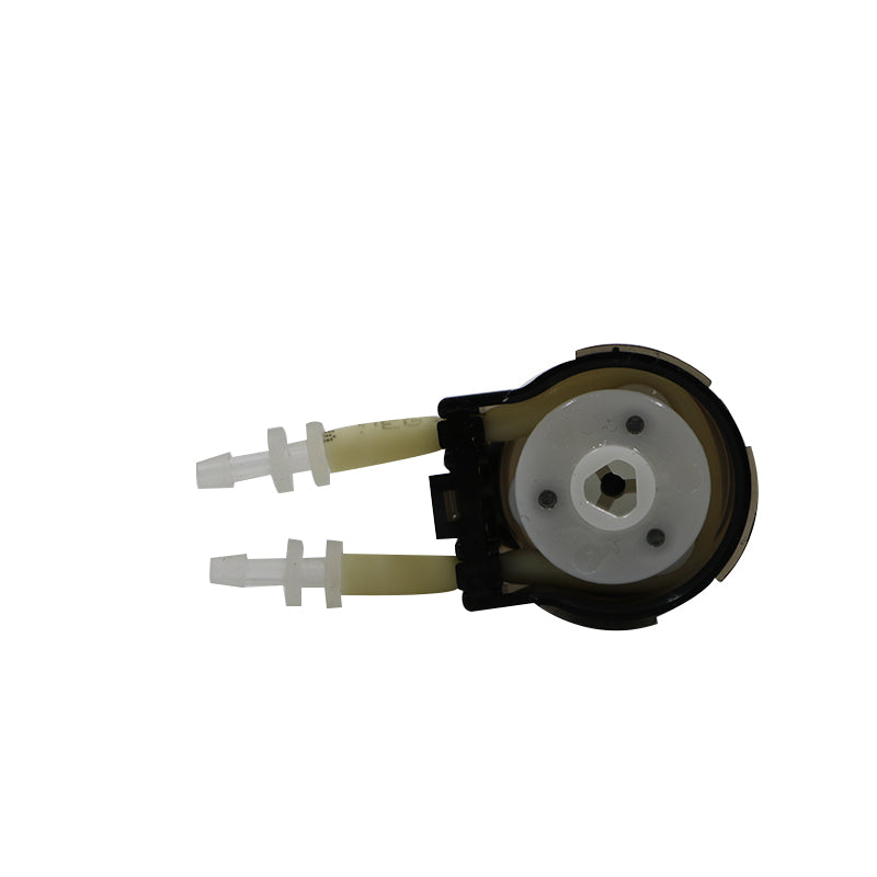 BPG Peristaltic Pump head rear view showing roller rotor mechanism, dual tube ports, precision gear reduction structure
