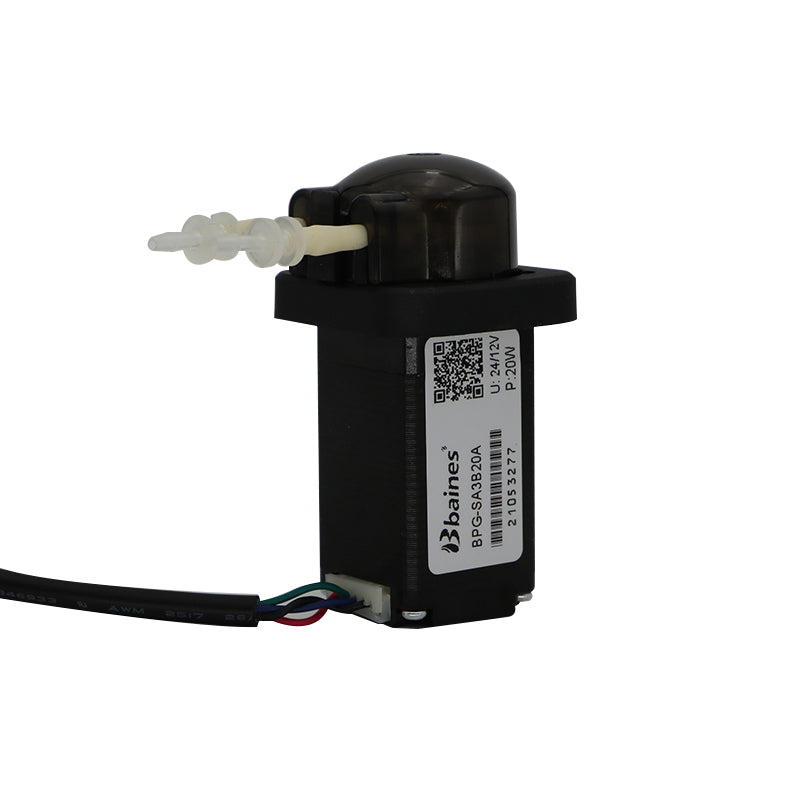 BPG-SA3B20A Peristaltic Pump side view showing single tube outlet and power cable, 24V/12V stepper motor self-priming pump
