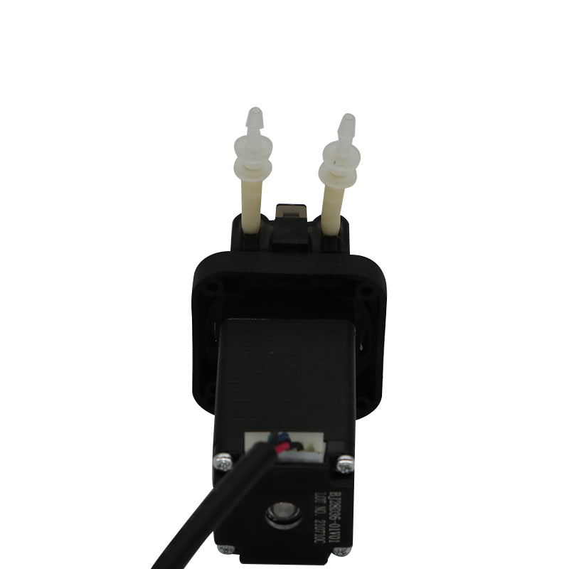 BPG Small Volume Peristaltic Pump top view showing dual tube ports and stepper motor housing, compact design for precise fluid transfer
