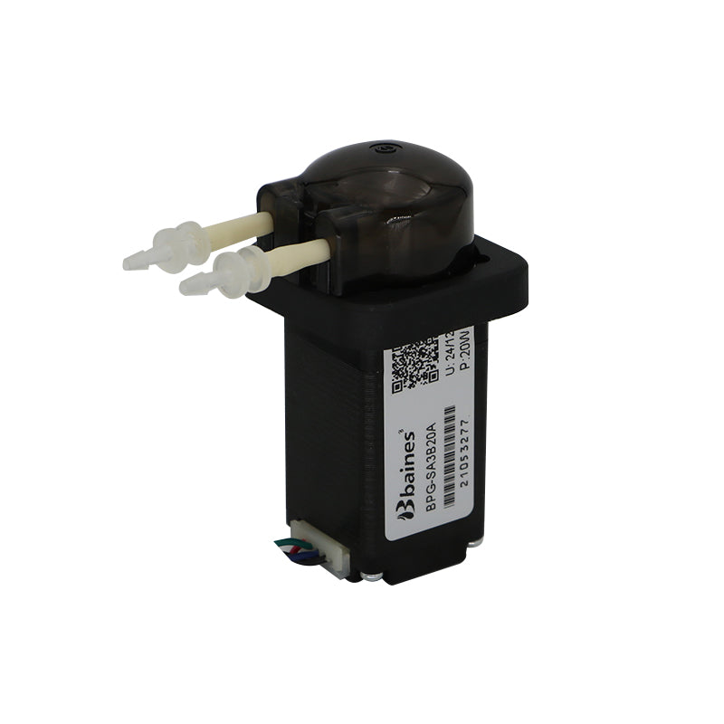 BPG-SA3B20A Small Volume Peristaltic Pump with Stepper Motor 24V 20W, dual tube outlet, compact black housing for laboratory liquid dispensing
