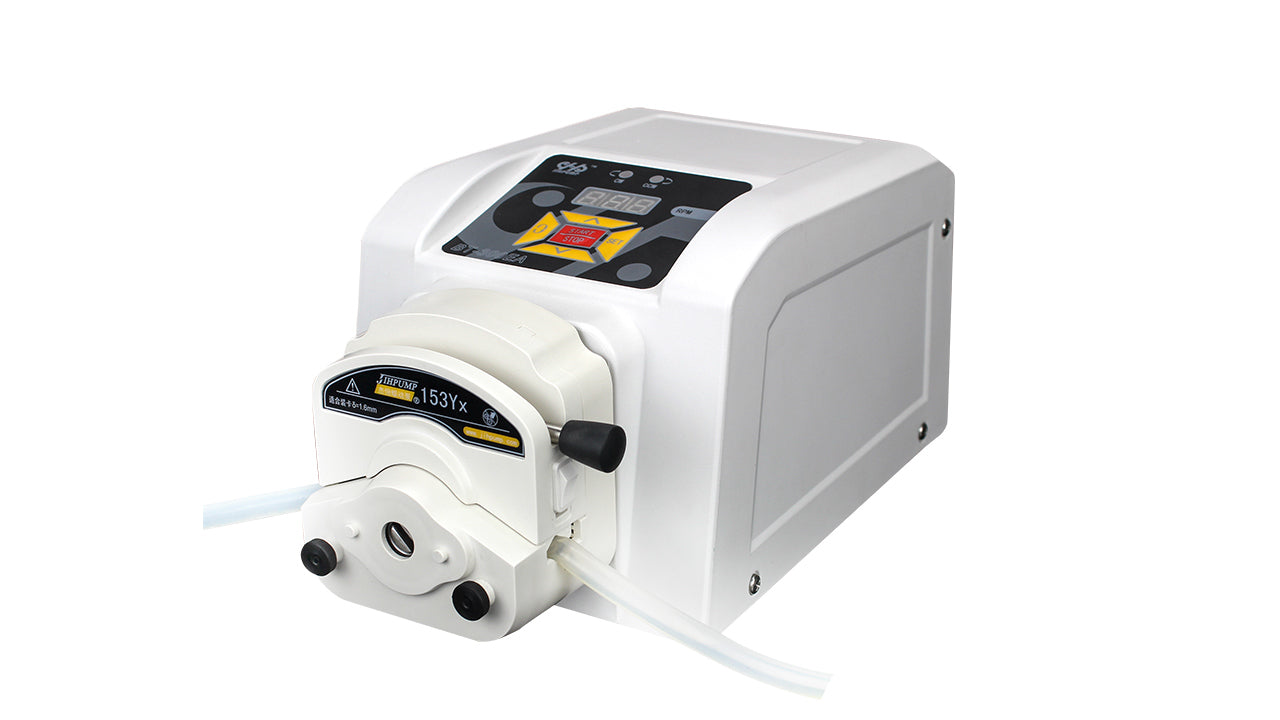 BT-100EA peristaltic pump 153Yx pump head side view, white compact body, digital display, AC 100-240V laboratory pump
