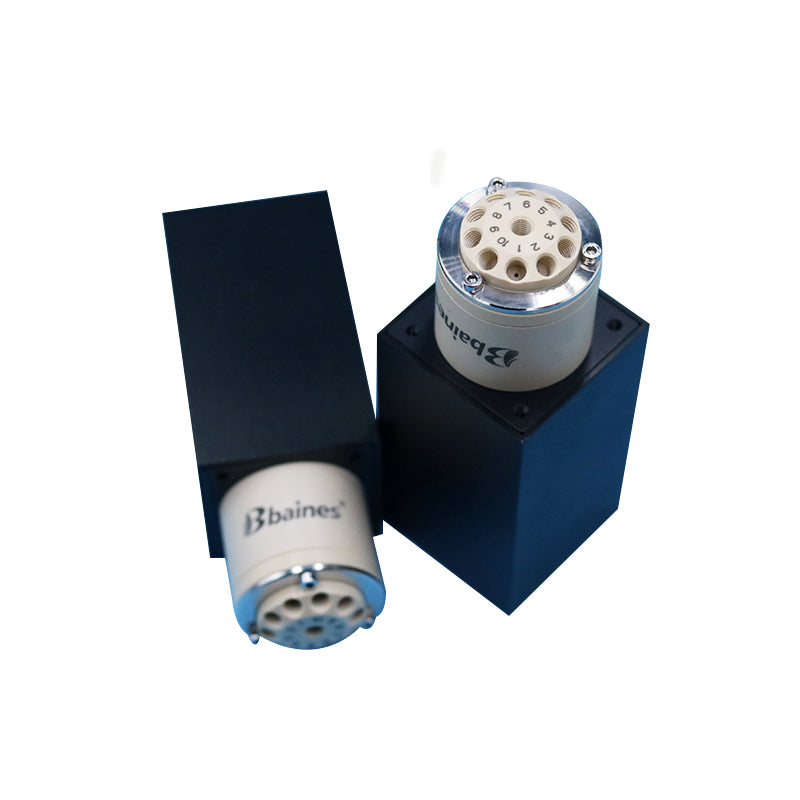 Multi-way switching valve BMRV series, 6-port and 12-port rotary valve for liquid chromatography and fluid sampling, DC motor driven
