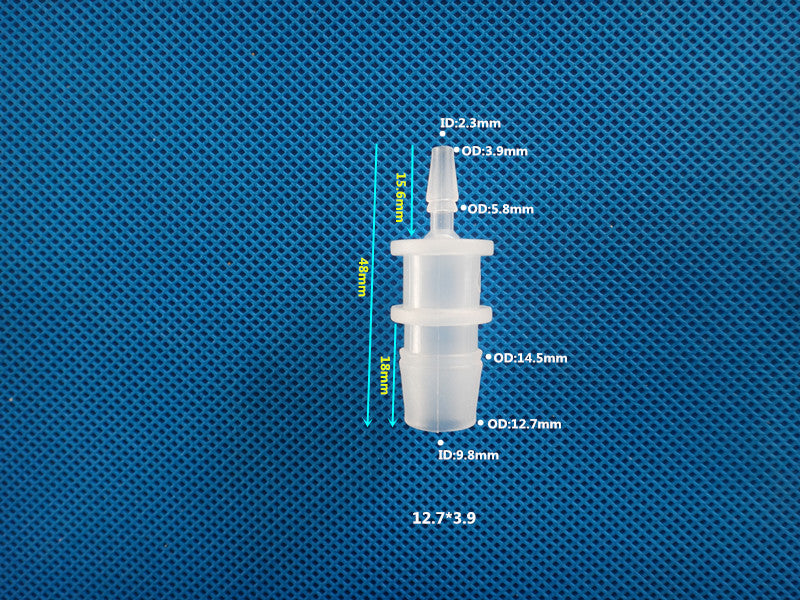 Plastic Reducer Barbed Connector 12.7x3.9mm - OD 12.7mm to 3.9mm Straight Tube Fitting with Dimensions
