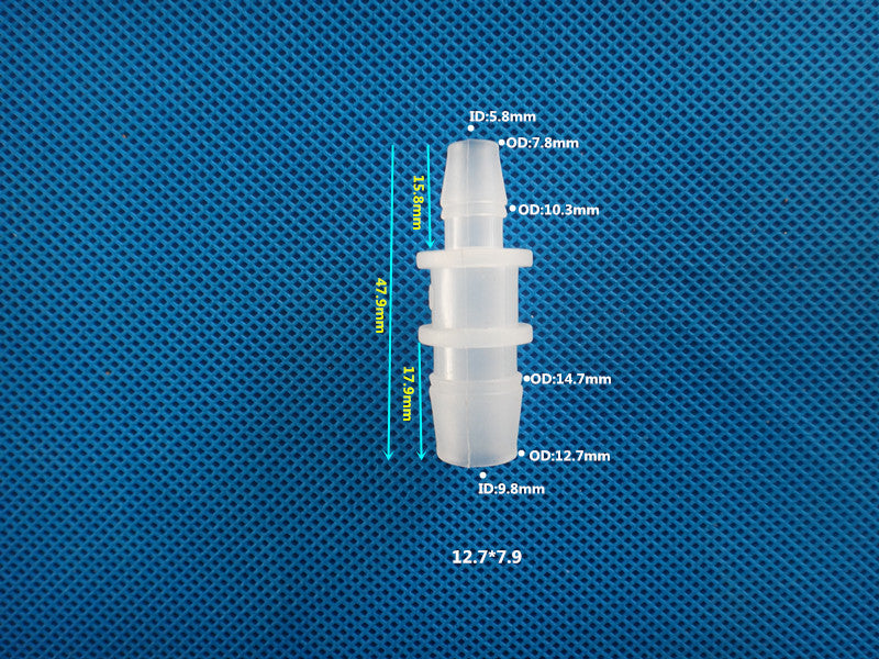Plastic Reducer Barbed Connector 12.7x7.9mm - OD 12.7mm to 7.9mm Straight Tube Coupler with Dimensions
