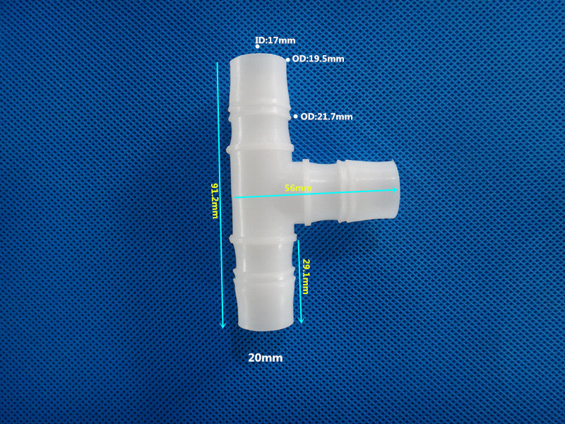 Plastic T-Shape 3-Way Barb Tee Connector Equal Diameter Hose Fitting with Dimension Diagram
