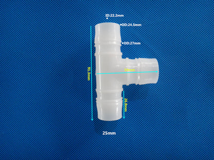 Plastic T-Shape 3-Way Barb Tee Connector Equal Diameter Hose Fitting with Dimension Diagram
